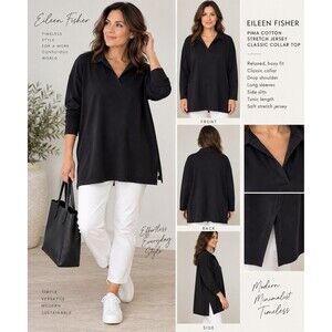 Eileen Fisher Women XL Black Pima Cotton Stretch Jersey Polo Tunic Top Minimalis